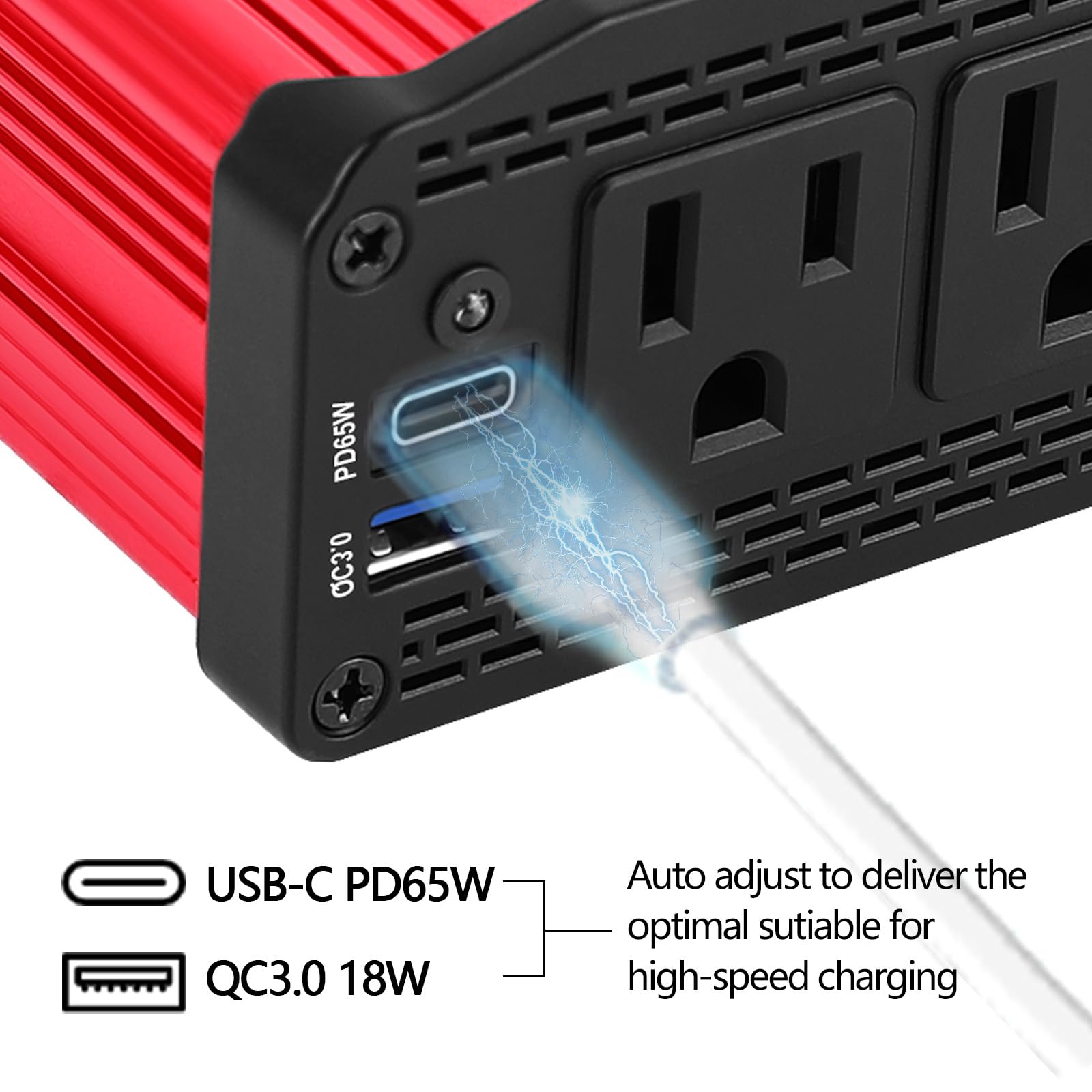 ALLWEI 300W Car Power Inverter with 27W USB-C and 3.0 USB Port - DC 12V to 240V / 230V AC Power inverters for Vehicles Converter Fast Charging Ports Car Charger Adapter (Red)
