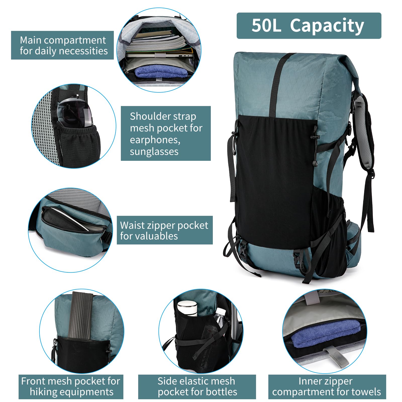 POWER KING 40L Expandable TO 50L Hiking Backpack,Upgraded X-PAC Scratch-proof Lightweight Large Rucksack for Mens Women, Outdoor Roll Top Camping Packsack, Fit for 15.6'' Laptop