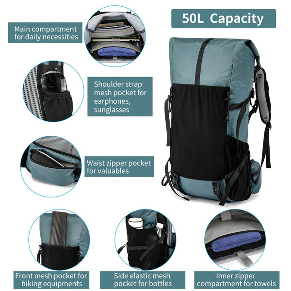 POWER KING 40L Expandable TO 50L Hiking Backpack,Upgraded X-PAC Scratch-proof Lightweight Large Rucksack for Mens Women, Outdoor Roll Top Camping Packsack, Fit for 15.6'' Laptop