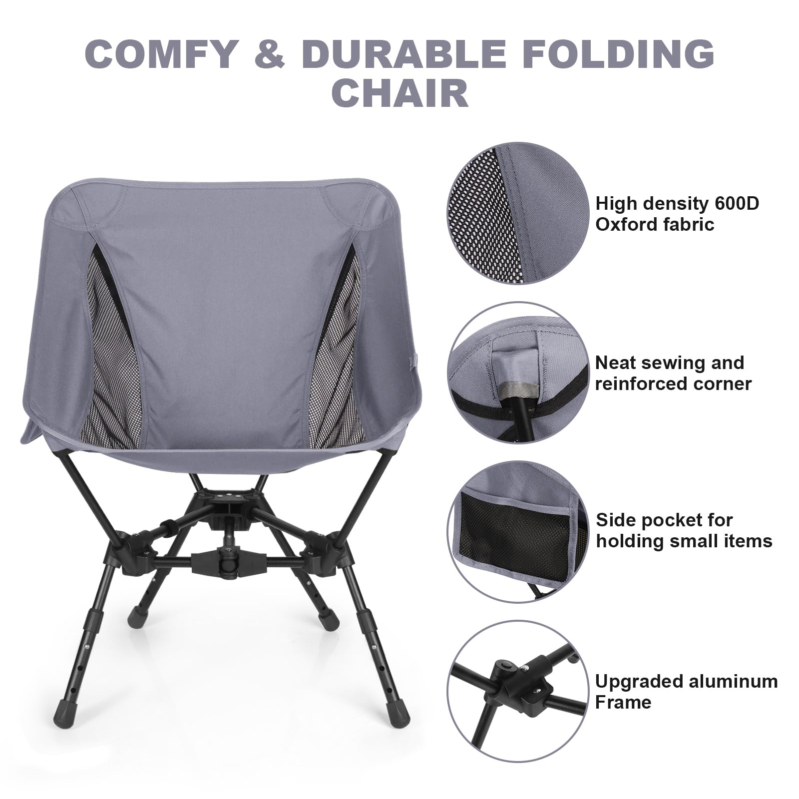 Portable Folding Camping Chair: Lightweight Height Adjustable Camping Chairs Stable Supports 330 Lbs with Side Pockets for Outdoor Camp, Travel, Beach, Lawn (Black)