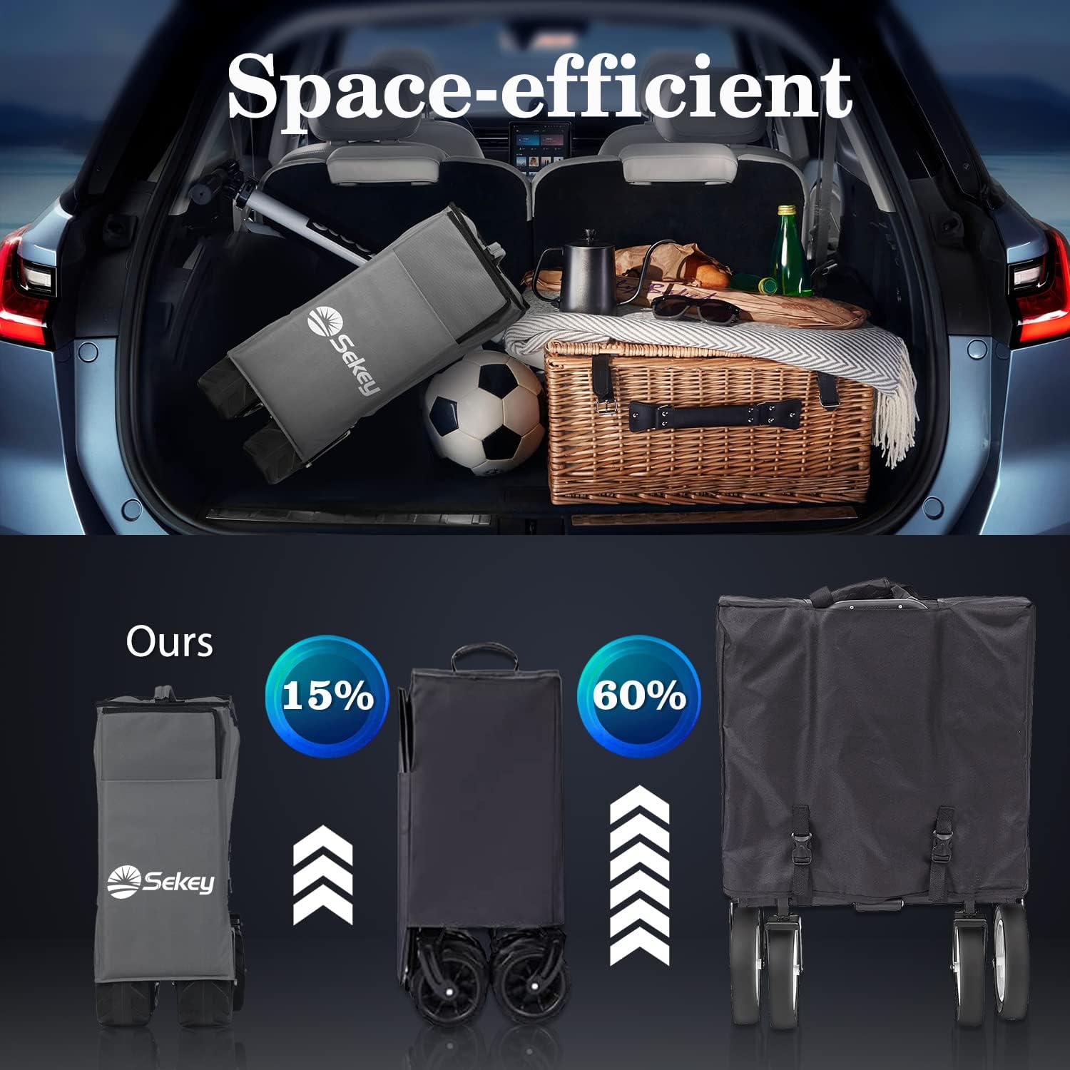 Sekey 200L Folding Festival Trolley with All-Terrain Extra Wide Wheels and Brake, Heavy-Duty Cart Loadable up to 150KG, Patented Four-Directional Foldable Design, Wagon for Beach Camping Outdoor, Grey