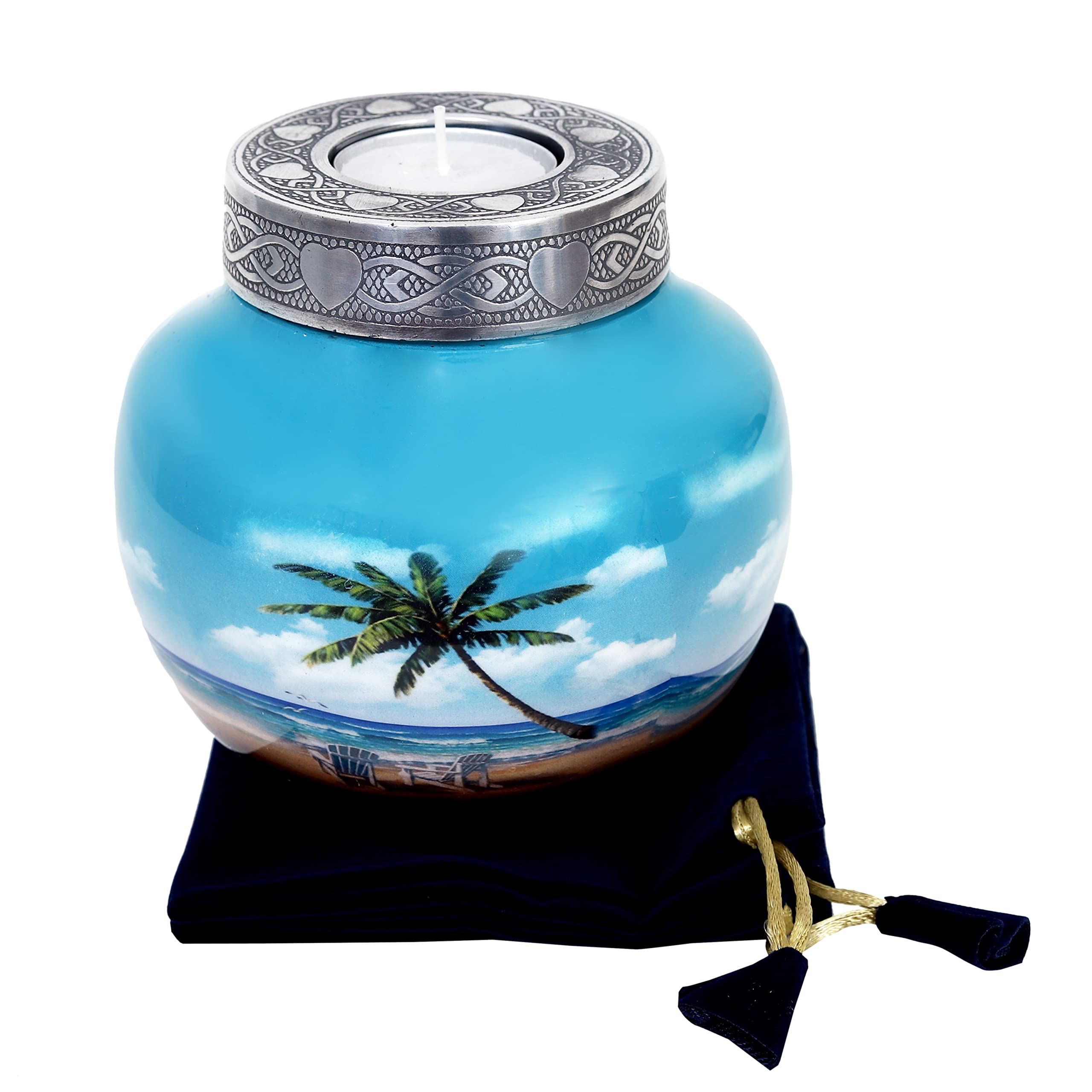 HLC Beach Urn Lovely Beach Urn Blue Palm Tree Design Cremation Urns for Human Ashes Cremation Sharing Urn to Remember Your Loved One Medium Funeral