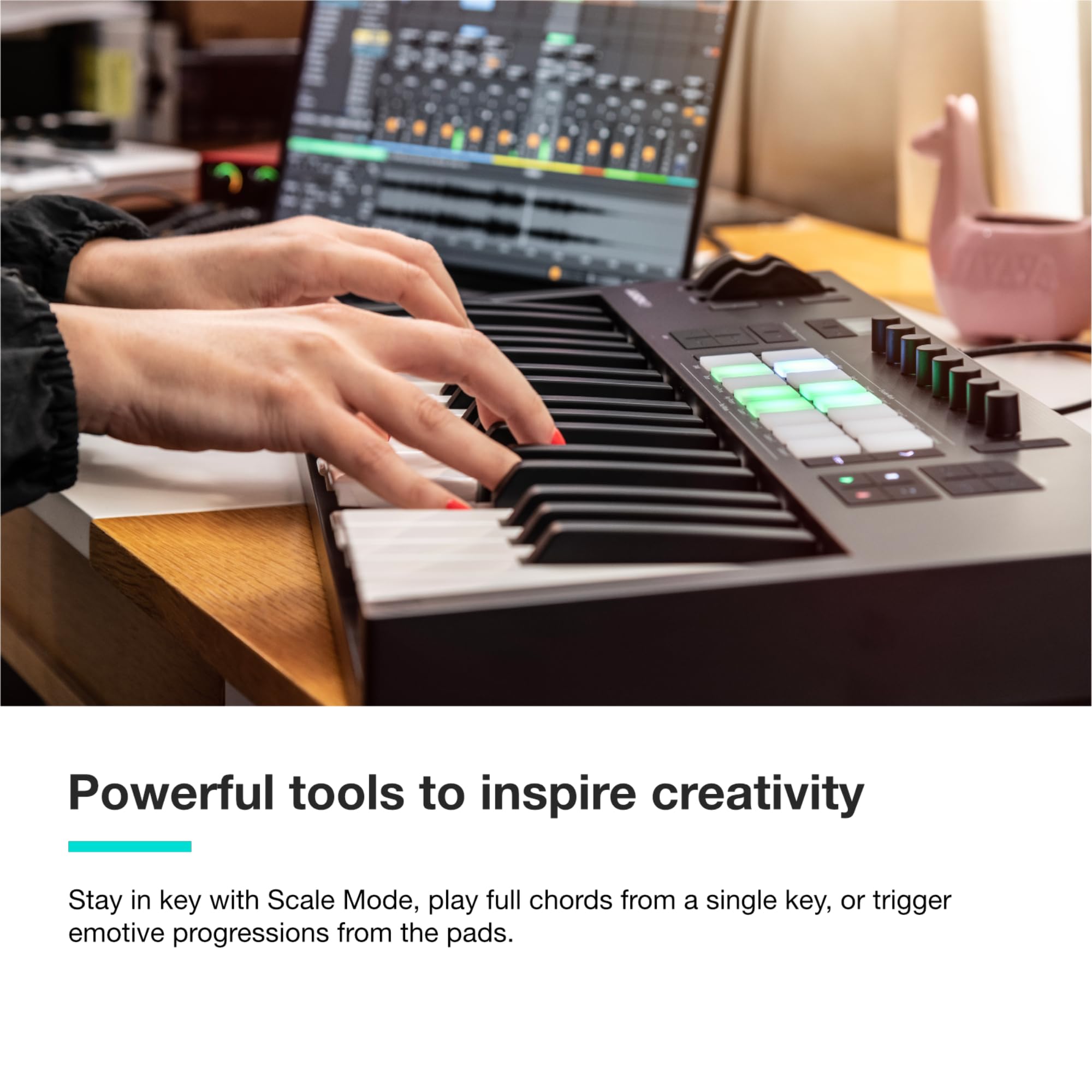 Novation Launchkey Mini 25 [MK4] — Portable 25 Mini-Key, USB, MIDI Keyboard Controller with DAW Integration. Chord Mode, Scale Mode, Drum Pads, and Arpeggiator. Includes Music Creation Software Bundle