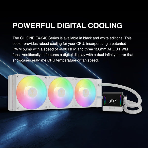 GAMDIAS CHIONE E4 240mm AIO Liquid CPU Cooler, Real-Time Digital Display Patented PWM Pump, 2 x 120mm Easy Cable Management Daisy Chained Fans w/ ARGB Sync, Intel LGA 1851/1700/1200；AMD AM5/AM4, Black