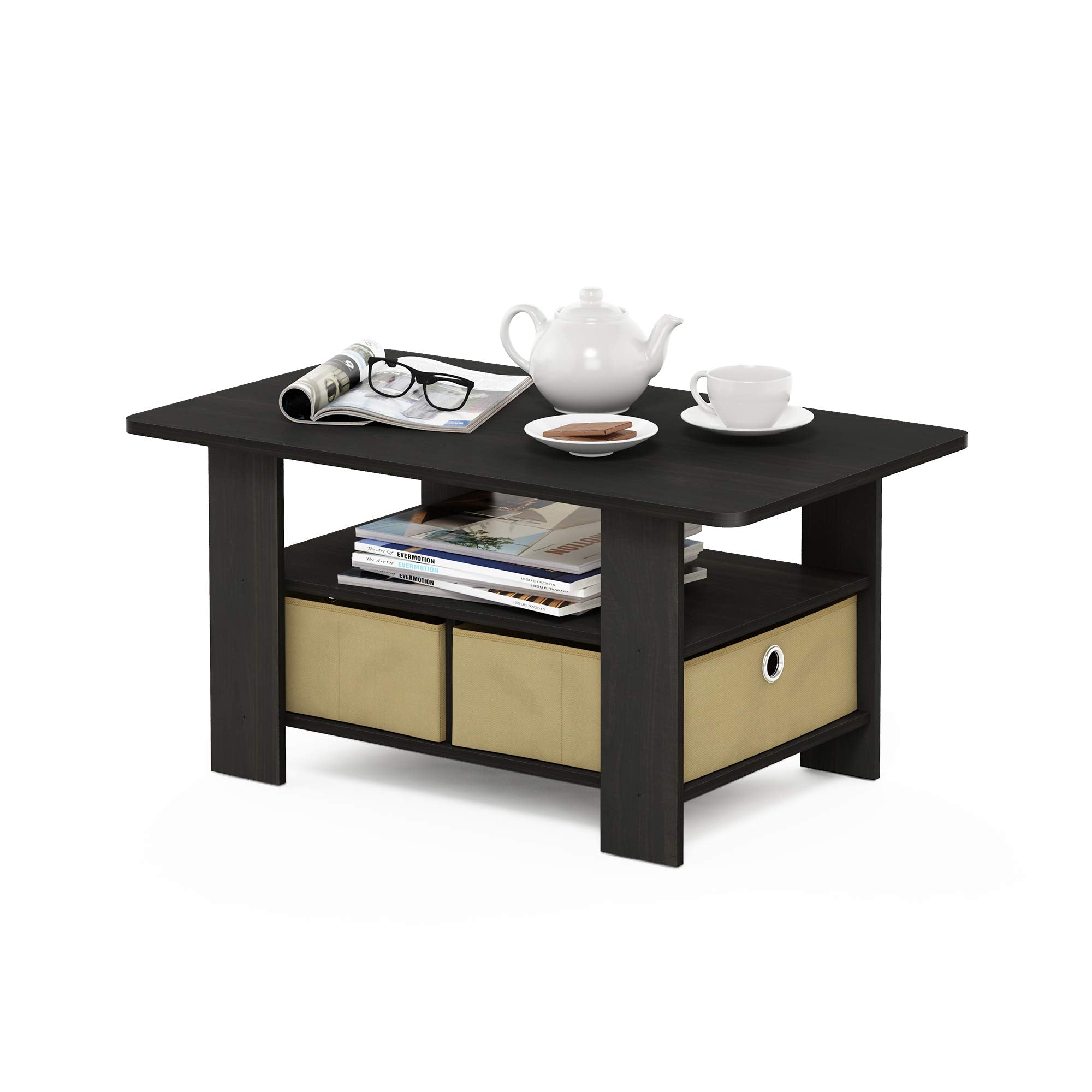 Furinno Andrey Coffee Table with Bin Drawer, Espresso/Brown, 80 (W) x 39.6 (H) x 48.3 (D) cm
