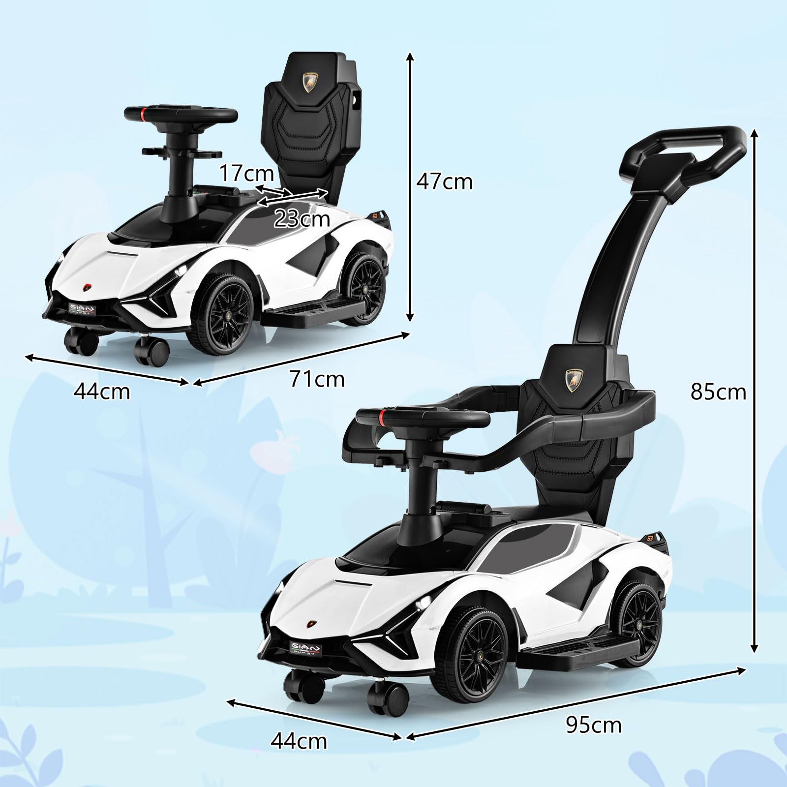 GYMAX 3 in 1 Kids Ride on Push Car, Licensed Lamborghini Push Along Car with Handle, Guardrails, USB Port, Music & Lights, Underneath Storage, Toddler Sliding Toy for 18-60 Months Boys Girls (Black)