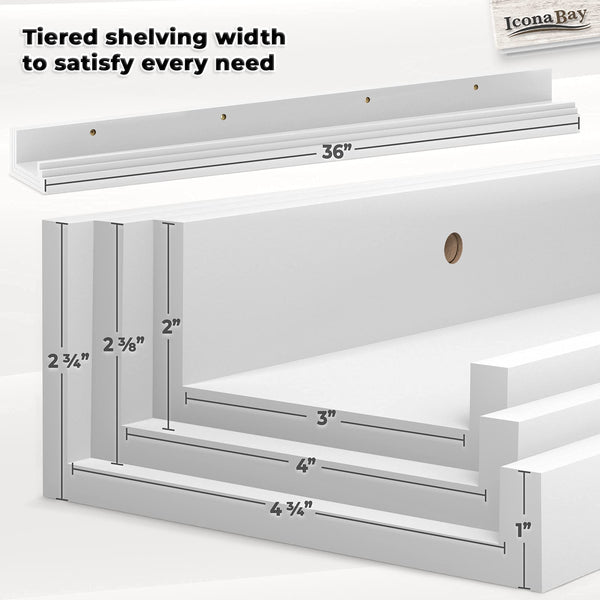Icona Bay 36 Inch (91 cm) Floating Shelves for Wall, Set of 3 in Powder White, Modern Rustic Style, Wall Mounted Display Shelves, Picture Ledges