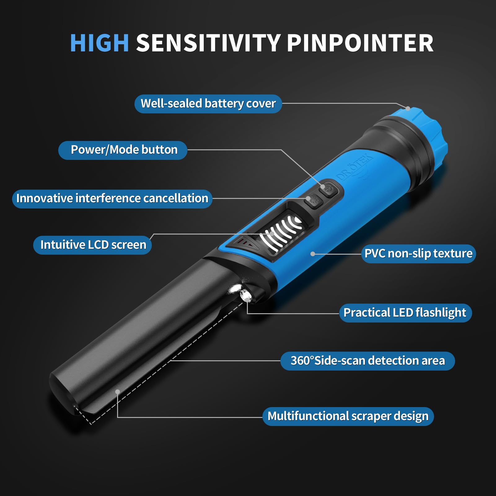 DR.?TEK Metal Detector Pinpointer, IP68 Fully Waterproof Handheld Pin Pointer with LCD Screen, Innovative Interference Cancellation Function, Higher