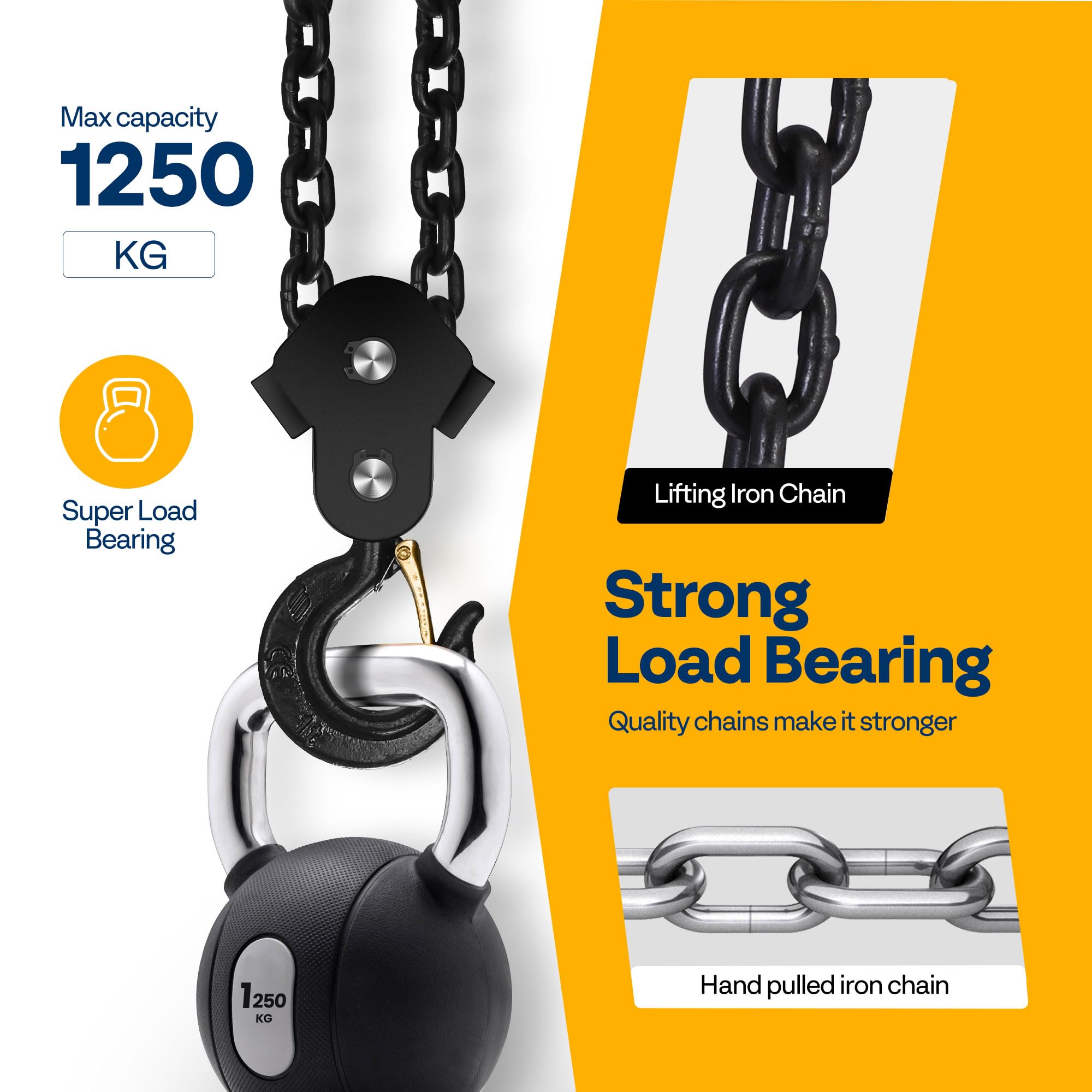 SPECSTAR Hand Chain Hoist 1250kg Capacity 3m with 2 Heavy Duty Hooks Manual Chain Fall for Warehouse Building Automotive Machinery