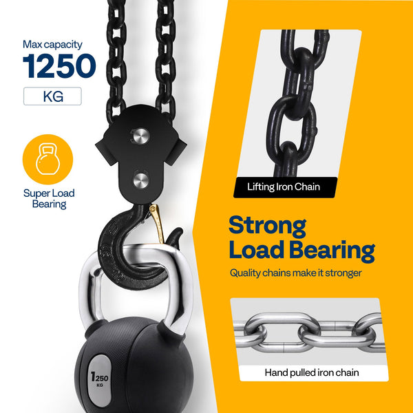 SPECSTAR Hand Chain Hoist 1250kg Capacity 3m with 2 Heavy Duty Hooks Manual Chain Fall for Warehouse Building Automotive Machinery