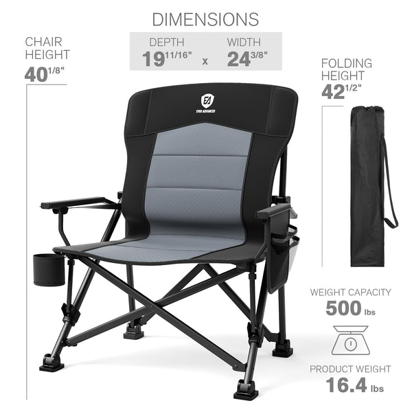 EVER ADVANCED Camping Chair for Adults Oversized 230KG, Folding Chair for Heavy People with Side Pocket, Heavy Duty Extra Wide with Hard Armrest Foldable Garden Fishing Outdoor Fold up