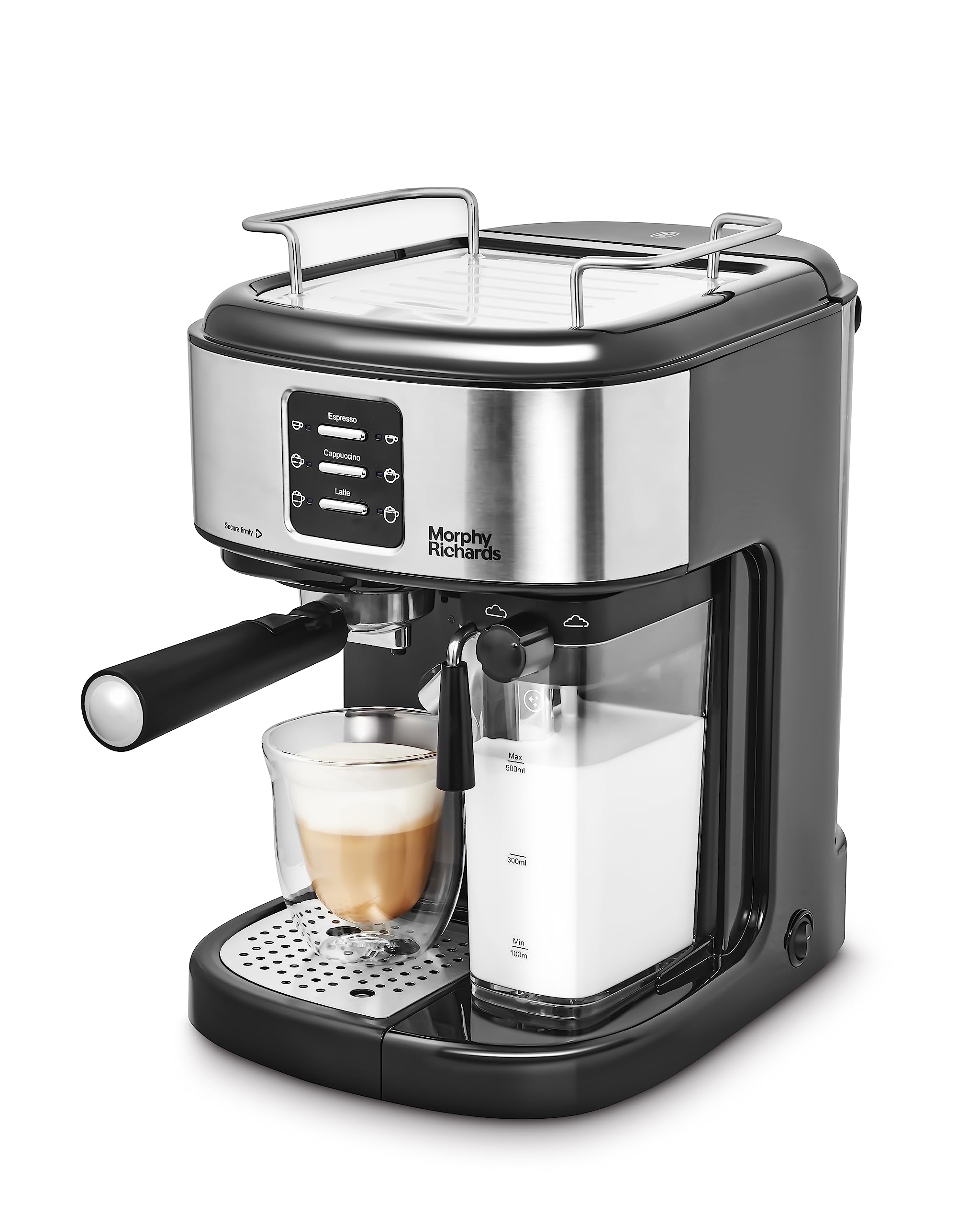 Morphy Richards Compact Espresso Machine, Dual Cup, 1L Water tank, Variable Steam Control and Milk Frother Wand, Ground Coffee and ESE Pod Compatible, Stainless Steel, 172022