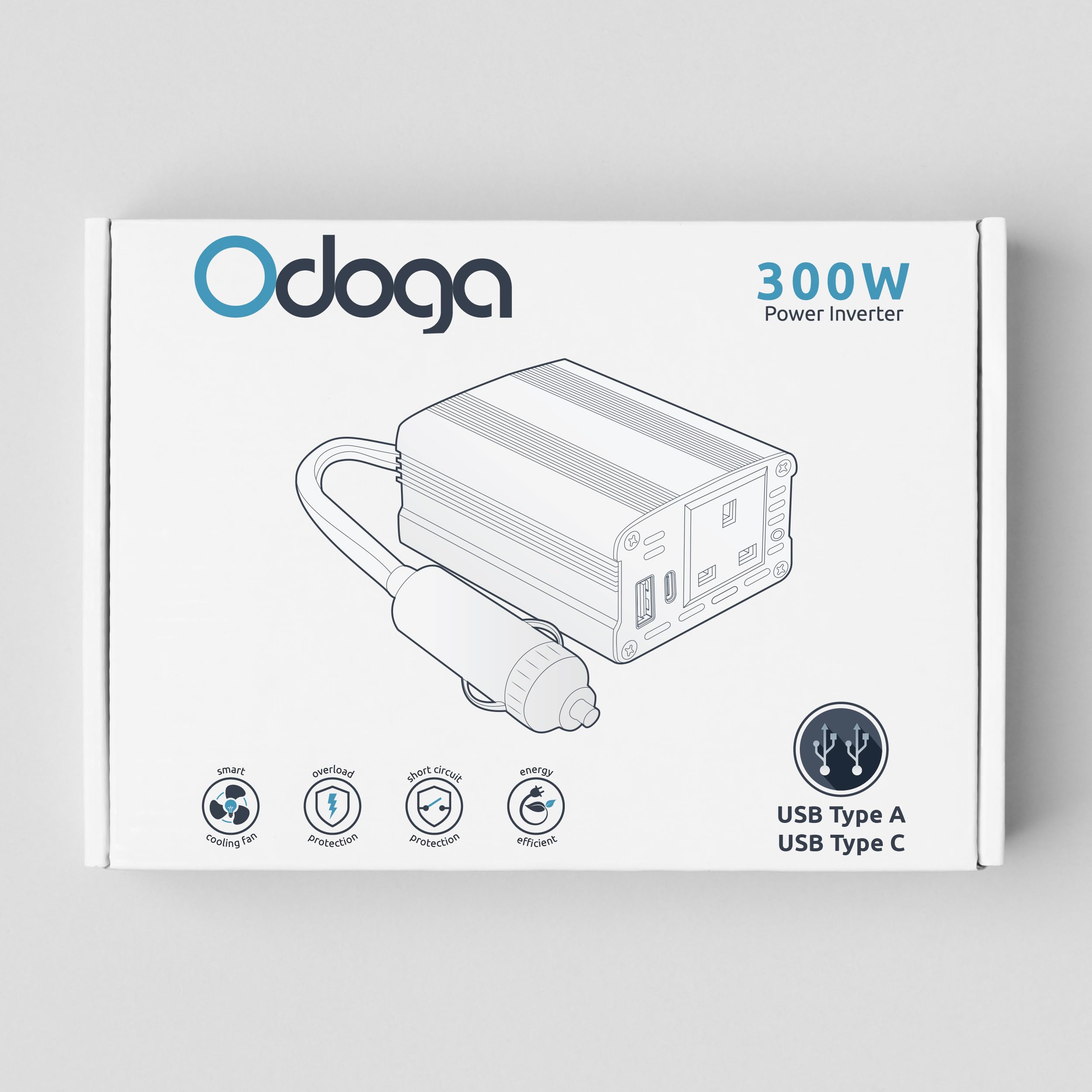 Odoga 300W Car Power Inverter 12V to 240V / 230V Converter, USB-A and USB-C 3A Charging Ports - Charge Your Laptop, iPad, iPhone, Tablet, Consoles & More - Durable and Powerful - Black Aluminum Body