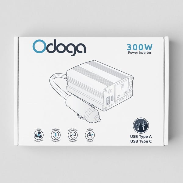 Odoga 300W Car Power Inverter 12V to 240V / 230V Converter, USB-A and USB-C 3A Charging Ports - Charge Your Laptop, iPad, iPhone, Tablet, Consoles & More - Durable and Powerful - Black Aluminum Body