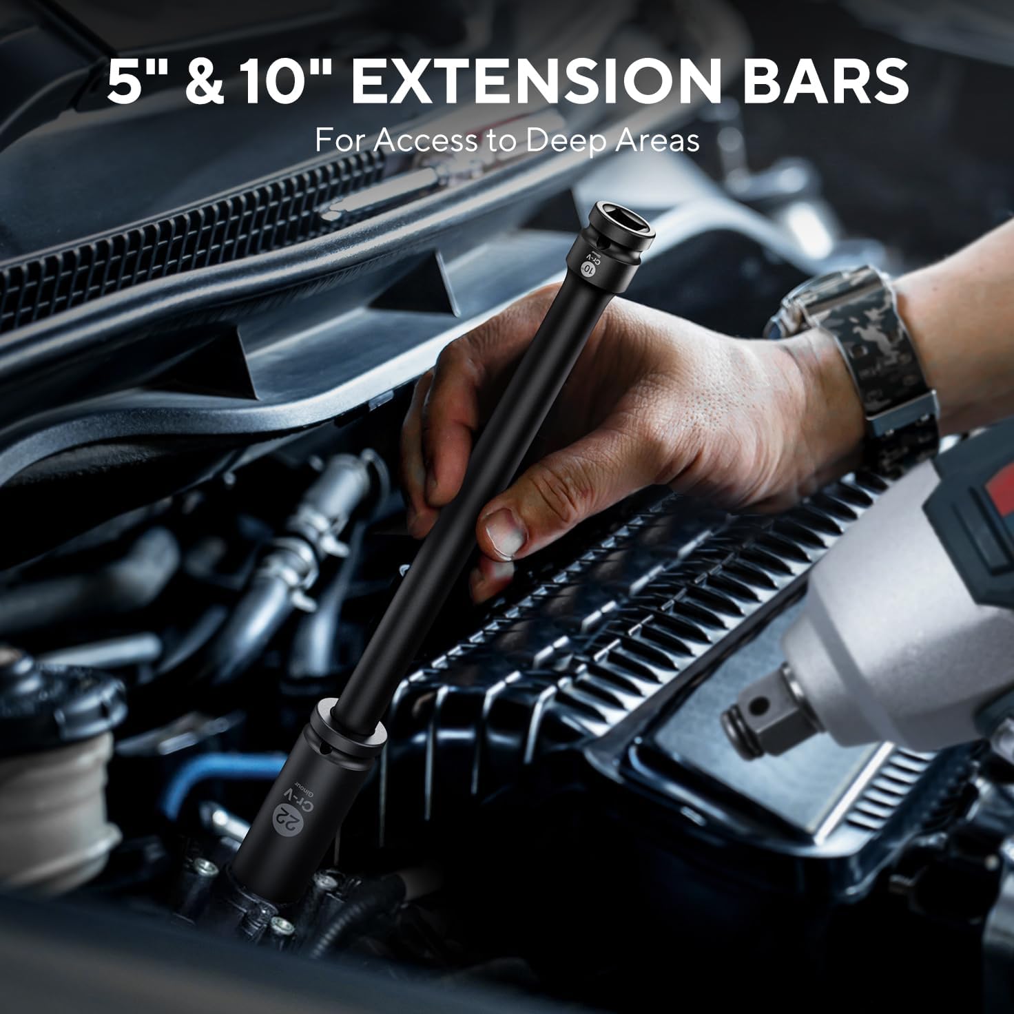 Ginour 20PCs Impact Socket Set 1/2 Inch, CR-V Drive Master Deep Impact Socket Set 8mm - 24mm, Metric, 6 Point, with 3pcs Drive Impact Extension Bar Set 3", 5",10"