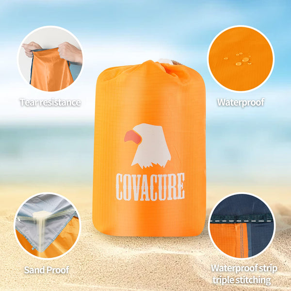 COVACURE Beach Blanket Mat with 3 Zipper Pockets, Extra Large 210 x 200cm Water Resistant Sand Proof Picnic Blanket for Camping, Hiking, Picnic (Orange)