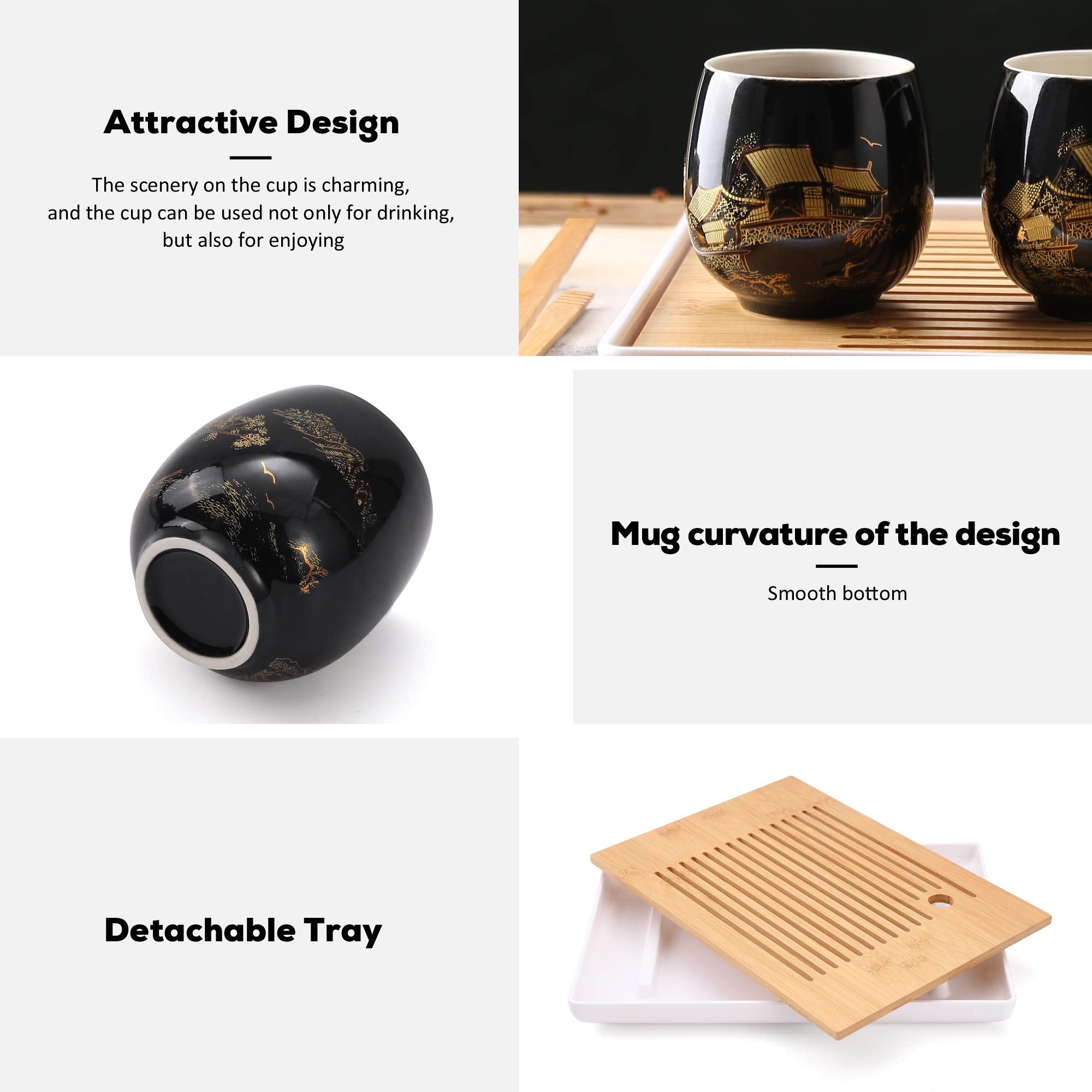 Dujust Japanese Tea Set, Black Porcelain Tea Set with 1 Teapot Set, 6 Tea Cups, 1 Tea Tray, 1 Stainless Infuser, Beautiful Asian Tea Set for Tea