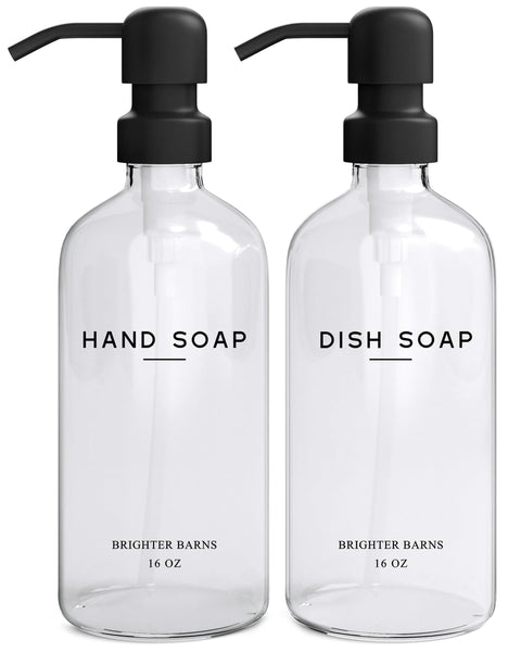 Clear Glass Soap Dispenser Set by Brighter Barns - Hand and Dish Soap Dispenser for Kitchen Sink - Kitchen Soap Dispenser Set & Pump - Modern Kitchen