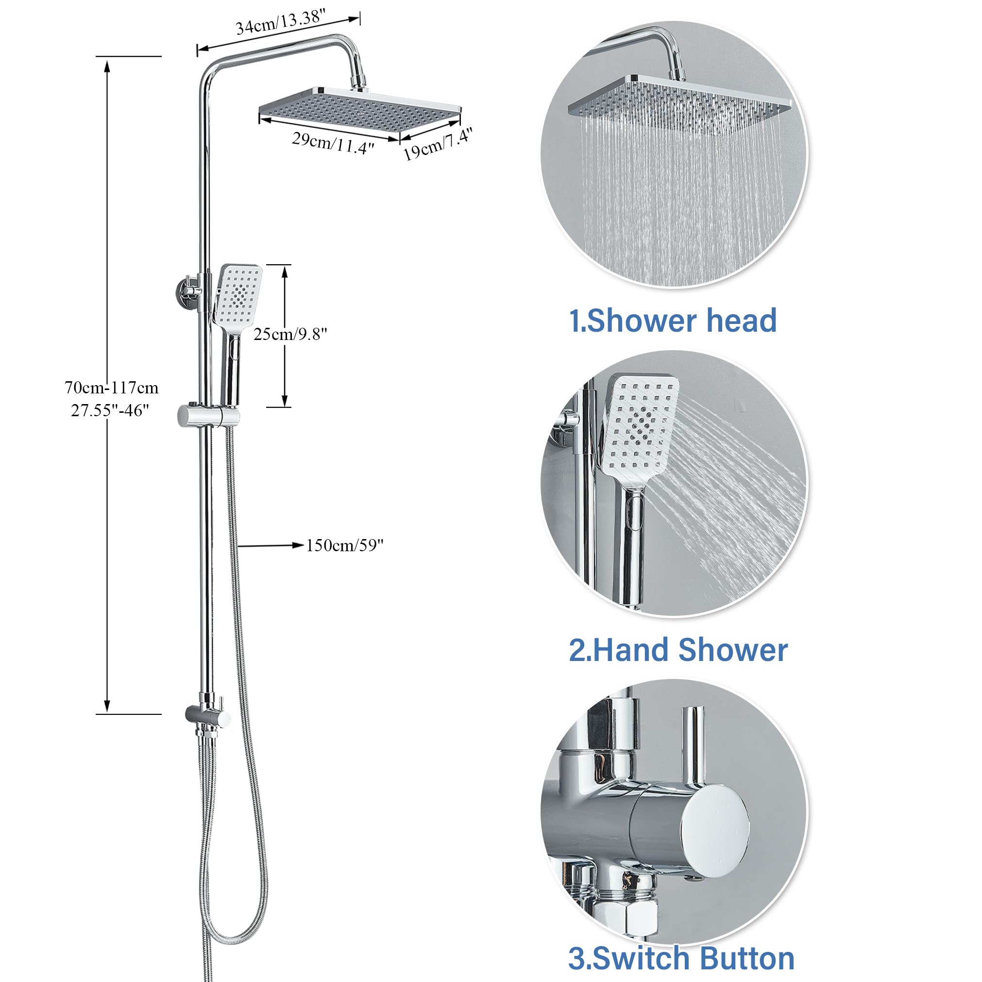 Rozin Shower Riser Rail Kit Adjustable Chrome 2 Functions Square Overhead 29 * 19cm and Hand Shower Stainless Steel Easy Install
