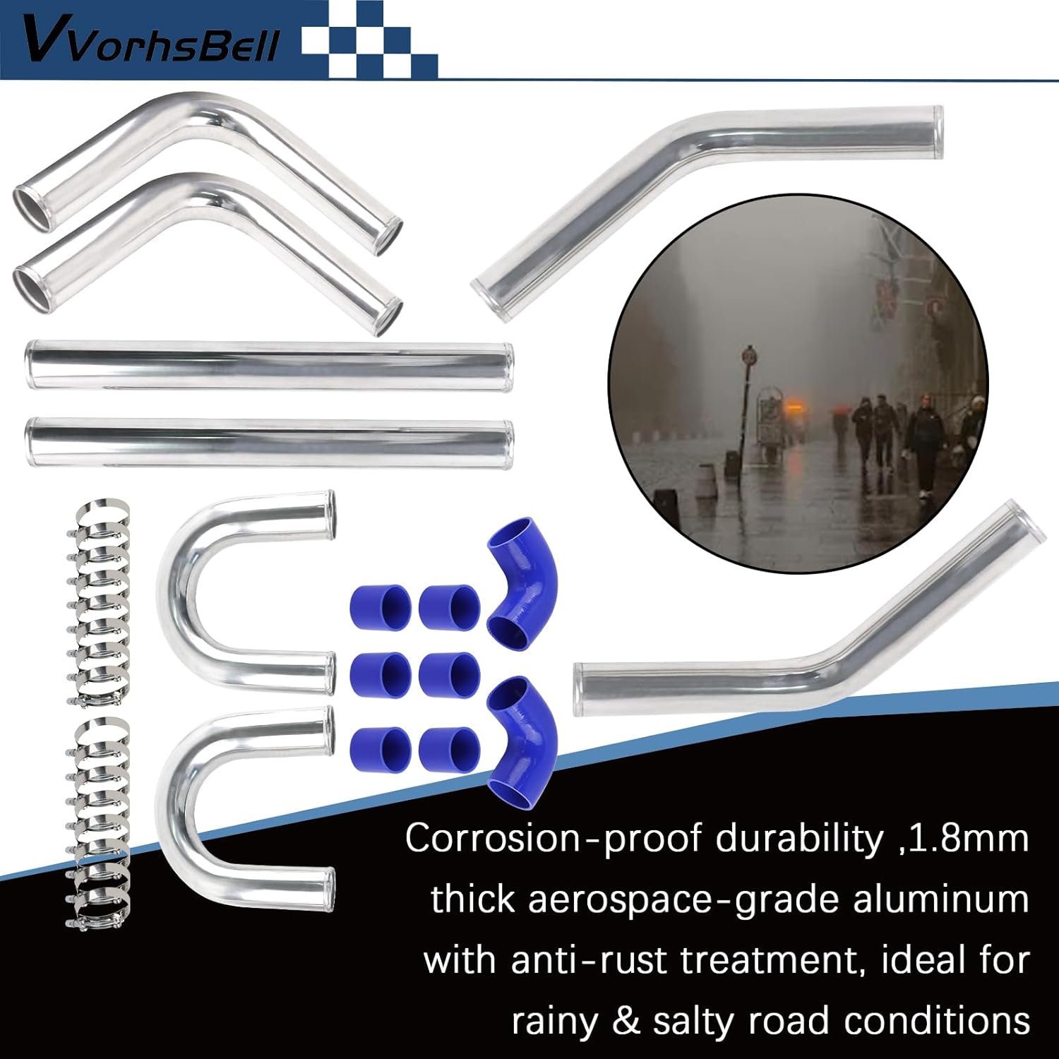 VVORHSBELL 2.5" Turbo Intercooler Pipe Universal Aluminum Turbo Intercooler Piping Set with Silicone Hoses & T-Clamps for Car Modifications (Diesel/Gas)