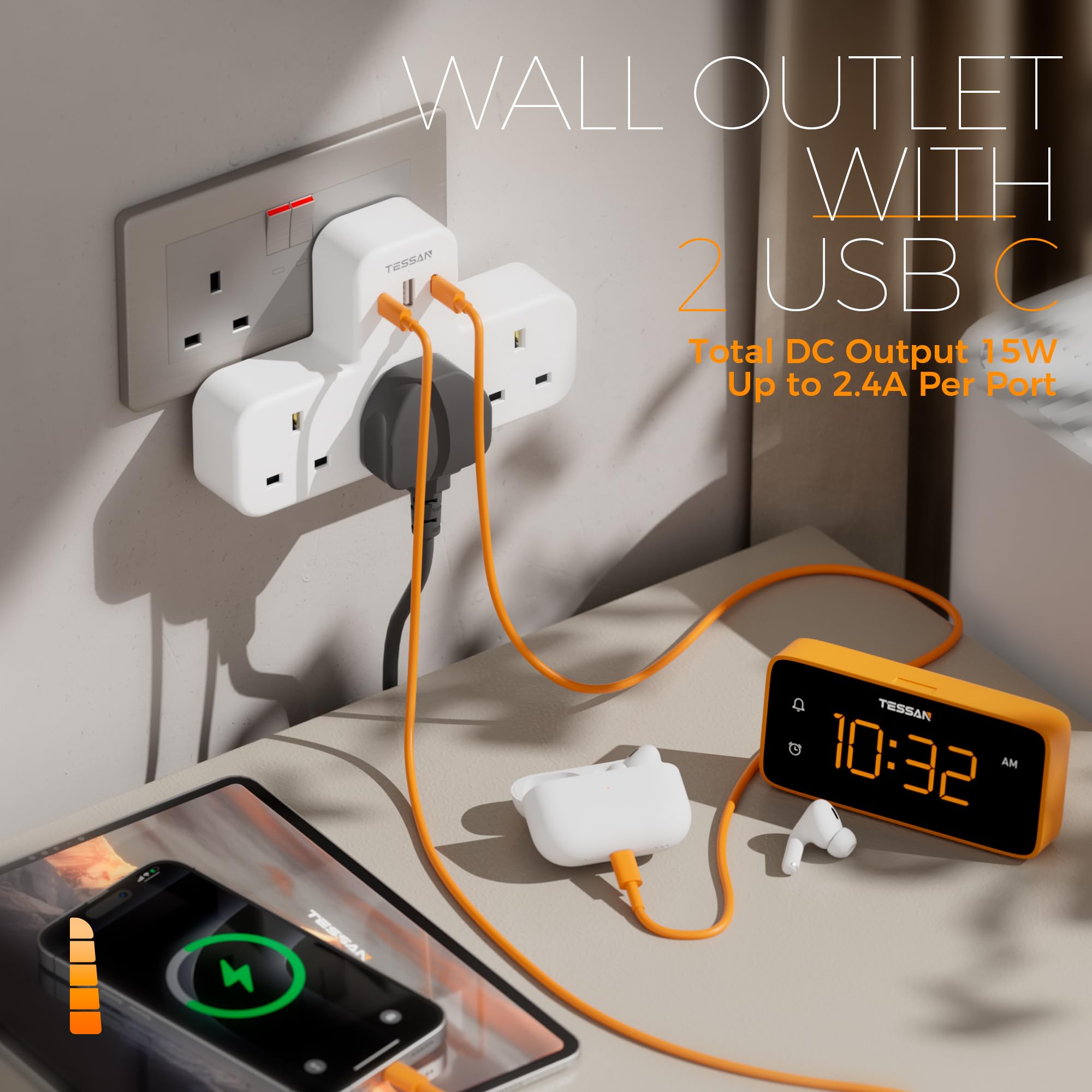 Plug Adapter, TESSAN Plug Extension Socket with 3 USB, 3 Way UK Multi Outlets Extender, Wall Charger for School Home, Kitchen, Office, School Supplies