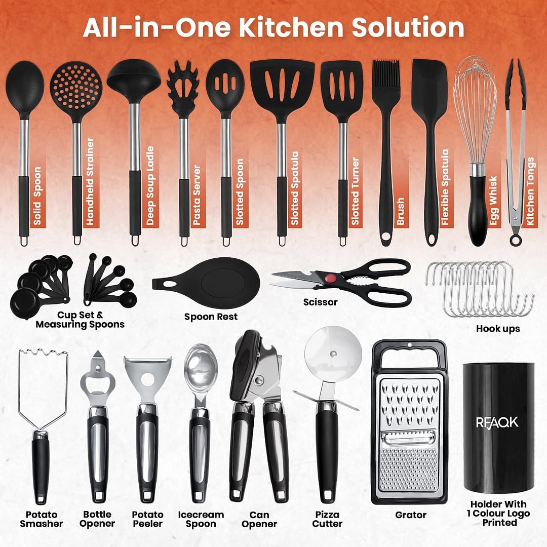 RFAQK 40PCs Silicone Kitchen Utensils Set with Holder 446 Heat Resistant,BPA Free Cooking Utensils Set, Silicone Utensil Set Includes Can Opener,