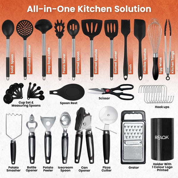 RFAQK 40PCs Silicone Kitchen Utensils Set with Holder 446 Heat Resistant,BPA Free Cooking Utensils Set, Silicone Utensil Set Includes Can Opener,