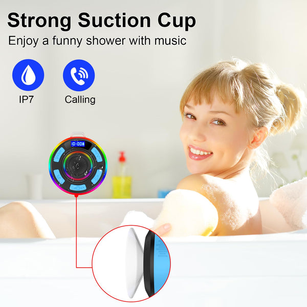 Bluetooth Shower Speaker with IPX7 Waterproof, Bluetooth Speaker with HD Stereo Sound, Built-in Mic Portable Wireless Speaker with Dynamic Lights 10H Playtime, for Outdoor Kitchen Gifts Golf, Black