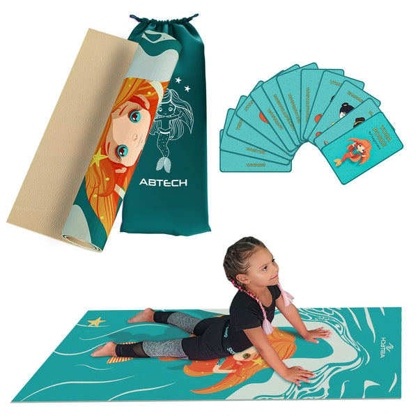 Kids Yoga Mat Set for Boys & Girls - Doll, Unicorn and Mermaid - Chemical Free - Non-Toxic - Non-Slip - 60 X 24 X 0.2 Inches - w/ 12 Yoga Cards - Cute