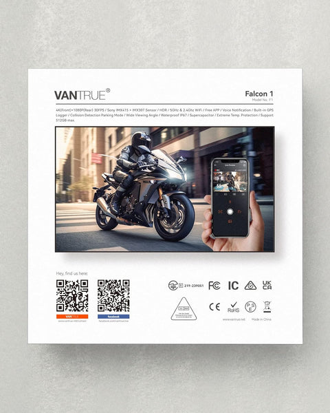 VANTRUE F1 Motorcycle Camera 4K Front and Rear 5GHz WiFi GPS HDR Waterproof, Dual Motorbike Motorcycle Dash Cam Dustproof, Motorbike Camera Dual Lens 160 Wide Anlge, 24H Parking Mode, 512GB Max