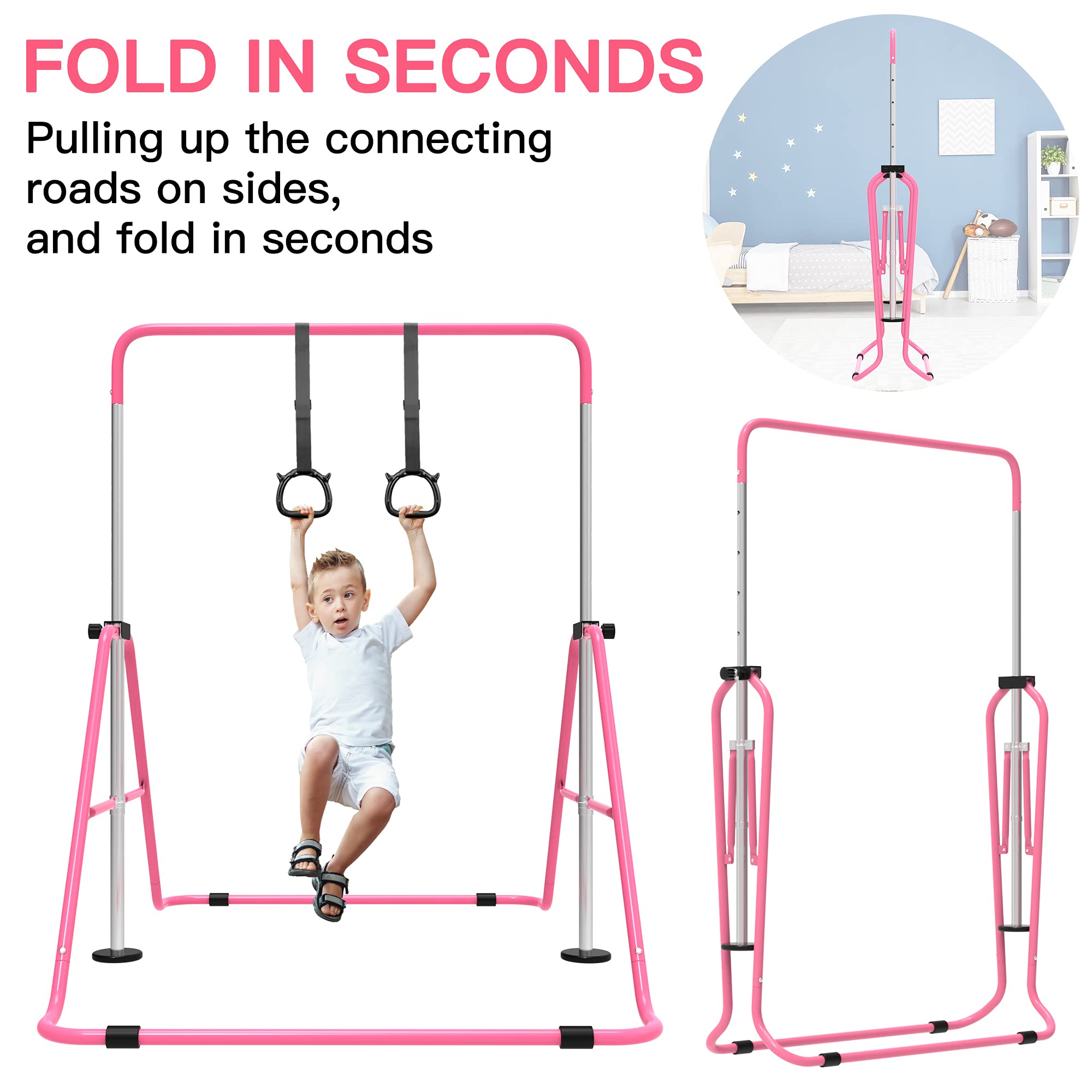 EVERYMILE Gymnastics Bars, Junior Training Kip Bar Gymnastics Equipment for Home,Adjustable Height Folding Horizontal Bar with Gymnastic Rings for Kid
