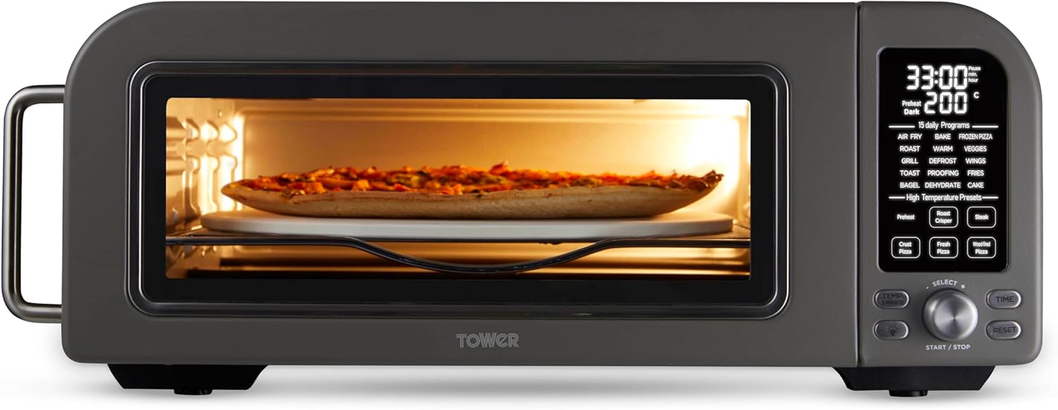 Tower T17141 Elite Pizza Oven with 5 High Temperature Programs, 15 Cooking Functions, Turbo Crisper, 18L, 2000W, Grey & Chrome