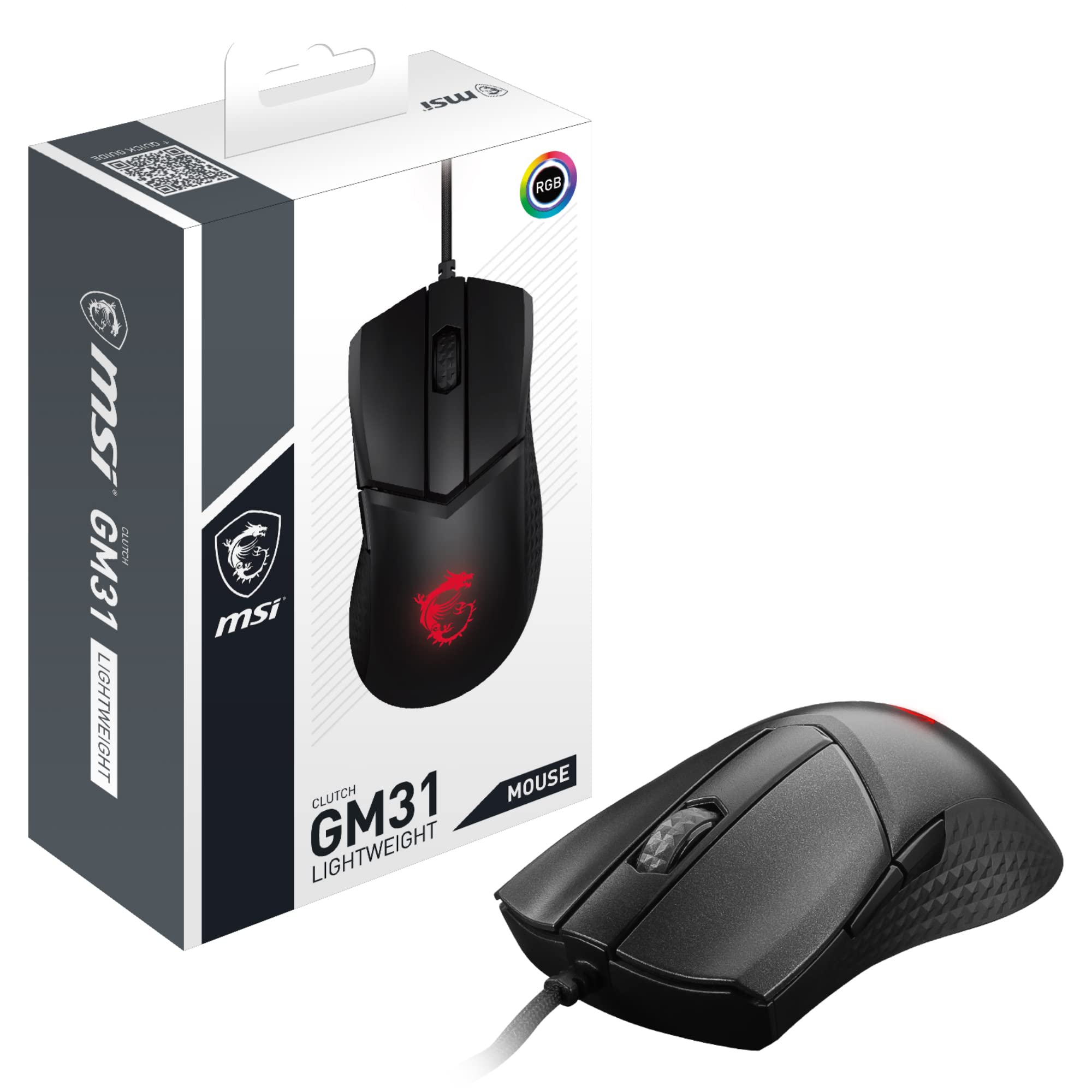 MSI CLUTCH GM51 LIGHTWEIGHT Gaming Mouse - 26000 DPI Optical Sensor, Elite 0.125ms Latency, 60M+ Click OMRON Switches, 6-Buttons, FriXionFree Cable, RGB Diamond LightGrips, 75g - Wired