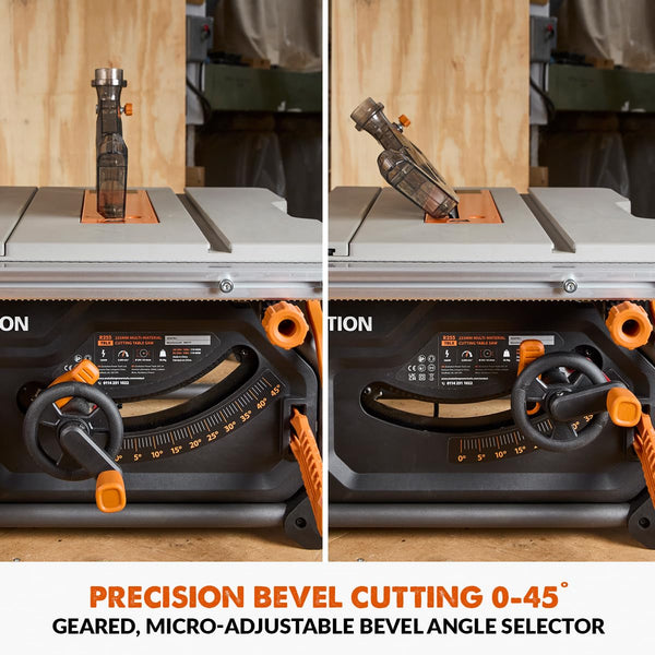 Evolution Power Tools R255TBLX+ Table Saw With Stand (Next Gen Rage 5-S) Multi-Material Cutting Blade Included Cuts Wood Metal Plastic, 45˚ Bevel, +/- 60˚ Mitre Angle, 85mm Cut Depth, 1800w Motor 240v