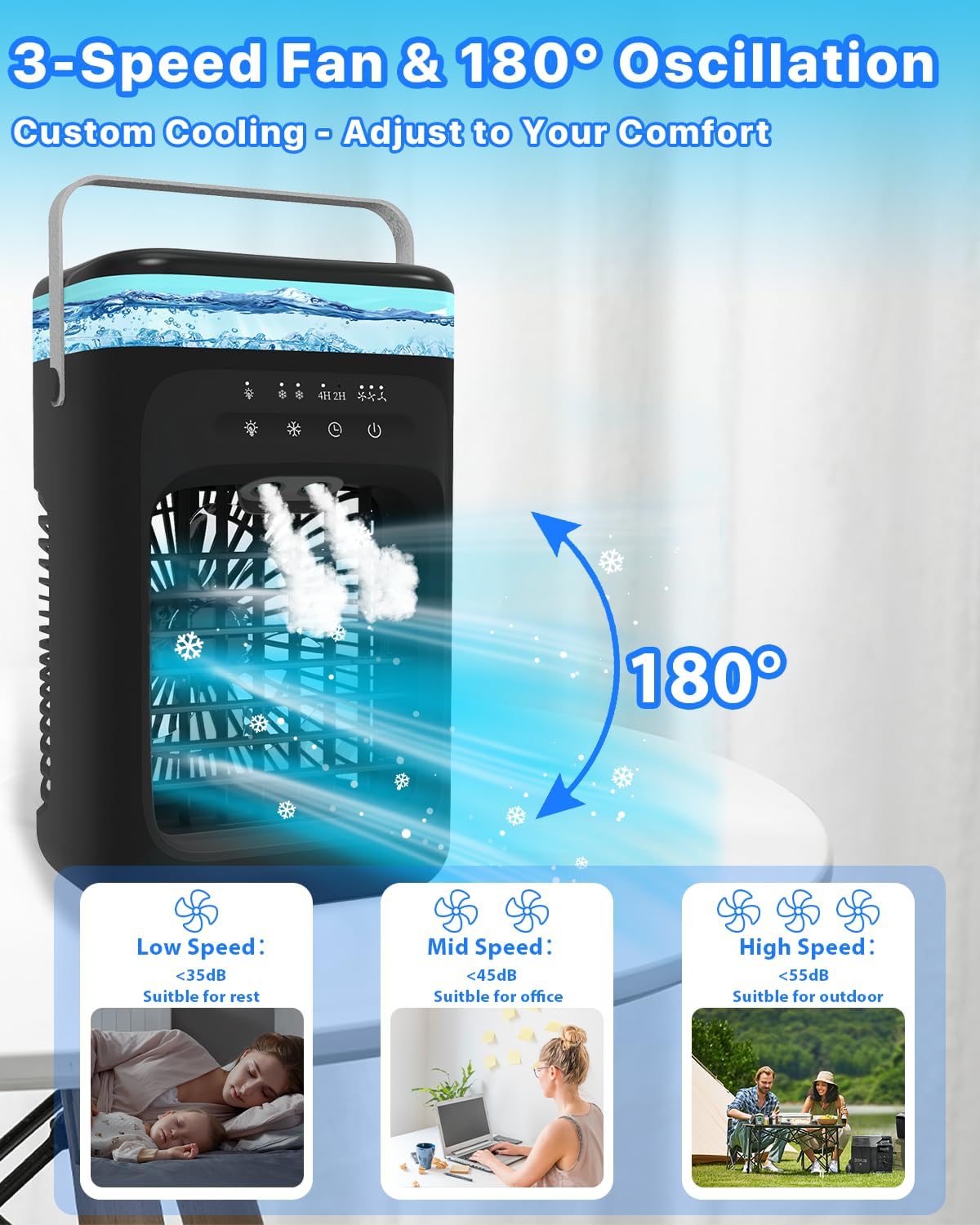 Omeyo Portable Air Cooler, Mini Mobile Air Conditioner, RGB 7 LED Light, Timed function Modes Room Cooler, Air Coolers for Home, Office, Bedroom,Black