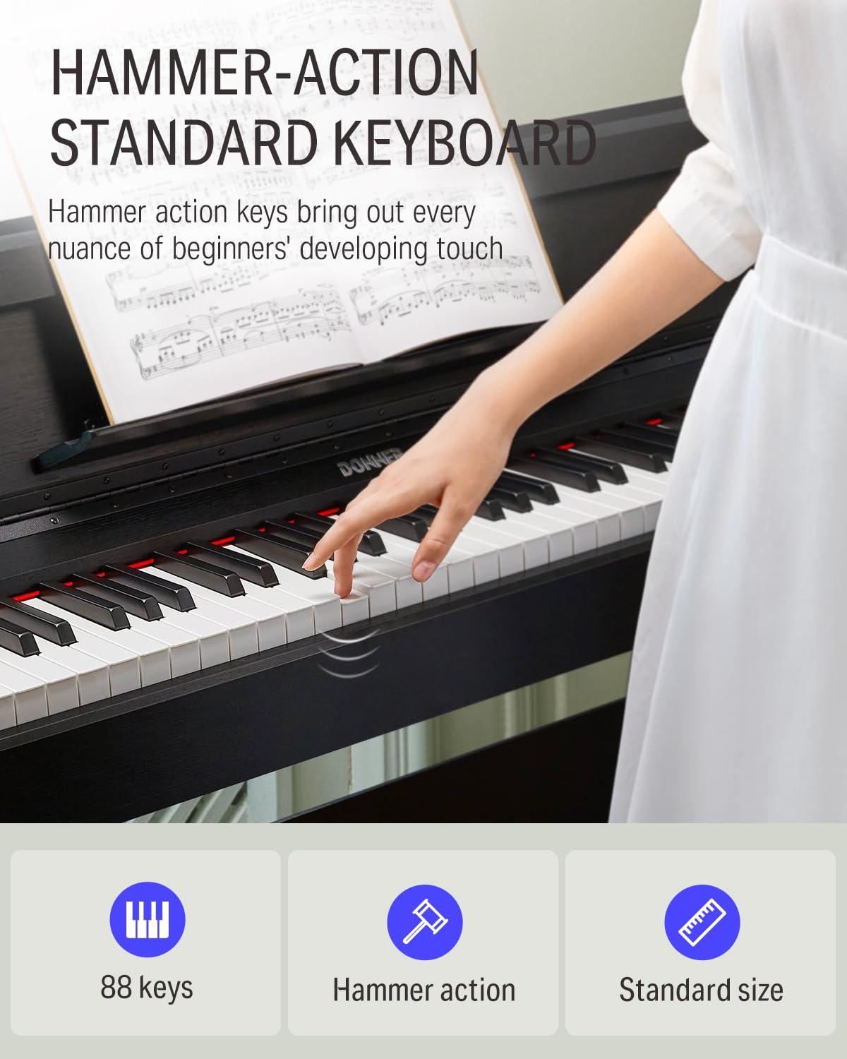 Donner DDP-60 88 Key Digital Piano for Beginner, Electric Keyboard with Velocity-Sensitive Keys, 128 Voices, 83 Rhythms, 8 Reverb Effects, 5 Strength Curves, Auto Chord, Gray