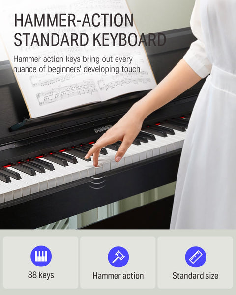 Donner DDP-60 88 Key Digital Piano for Beginner, Electric Keyboard with Velocity-Sensitive Keys, 128 Voices, 83 Rhythms, 8 Reverb Effects, 5 Strength Curves, Auto Chord, Gray