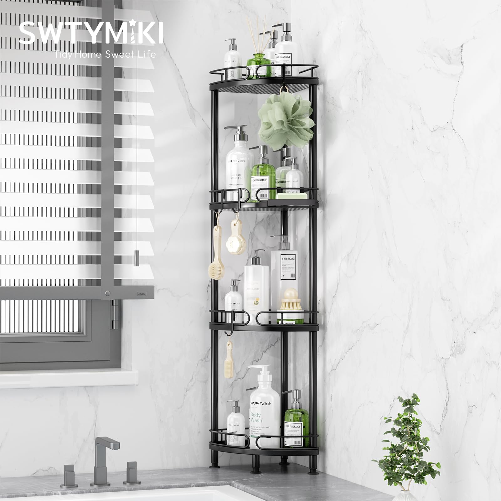 SWTYMIKI Corner Shower Caddy Standing - 4 Tier Stainless Steel Shower Organizer Stand with 4 Hooks & Soap Holder, Rustproof Metal Standing Tall Floor