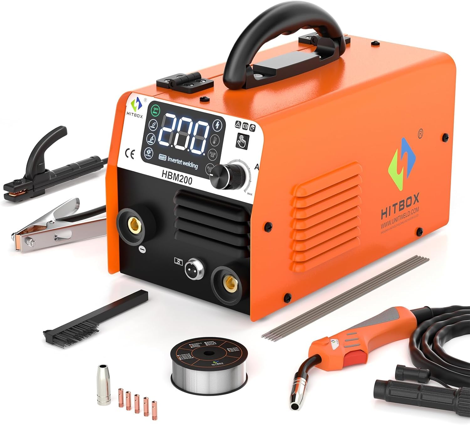 HITBOX Gasless MIG Welder 240V 200A, 3-in-1 Synergy Welding Machine MIG/ARC/Lift TIG with LED Display, Flux Core Wire & MIG Torch – IGBT Inverter Portable Welder(HBM200)