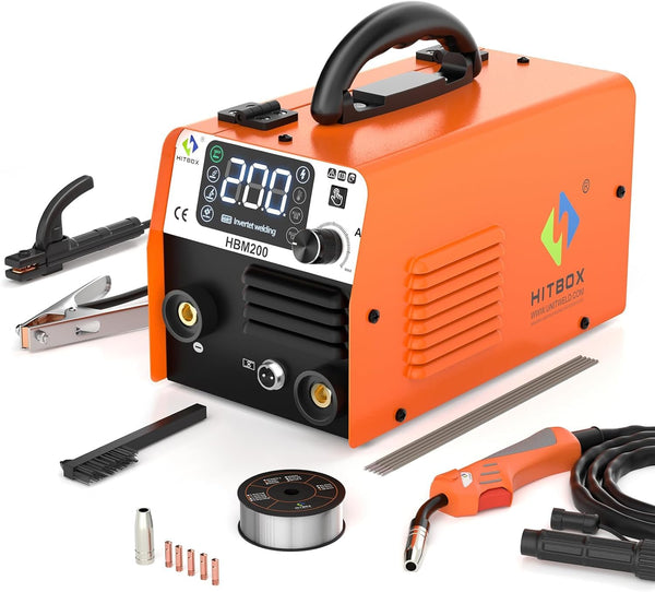 HITBOX Gasless MIG Welder 240V 200A, 3-in-1 Synergy Welding Machine MIG/ARC/Lift TIG with LED Display, Flux Core Wire & MIG Torch – IGBT Inverter Portable Welder(HBM200)