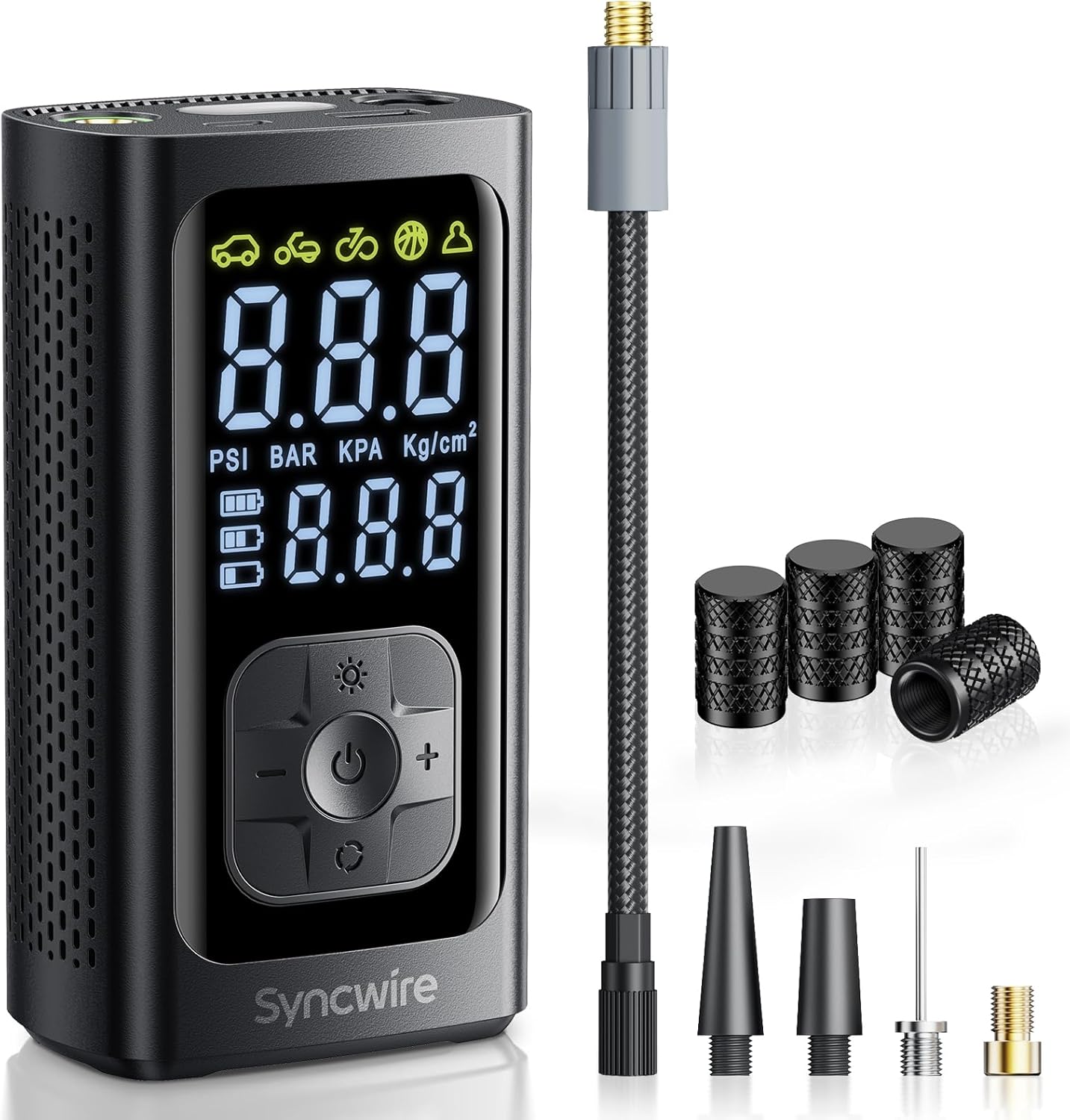 Syncwire Tyre Inflator Portable Air Compressor - 150PSI Faster Inflation Air Pump Electric Smart Pump Tyre Inflator for Car, Motorcycle, Bike & Balls, with Tyre Valve Caps, Extra-large LCD, Auto-off