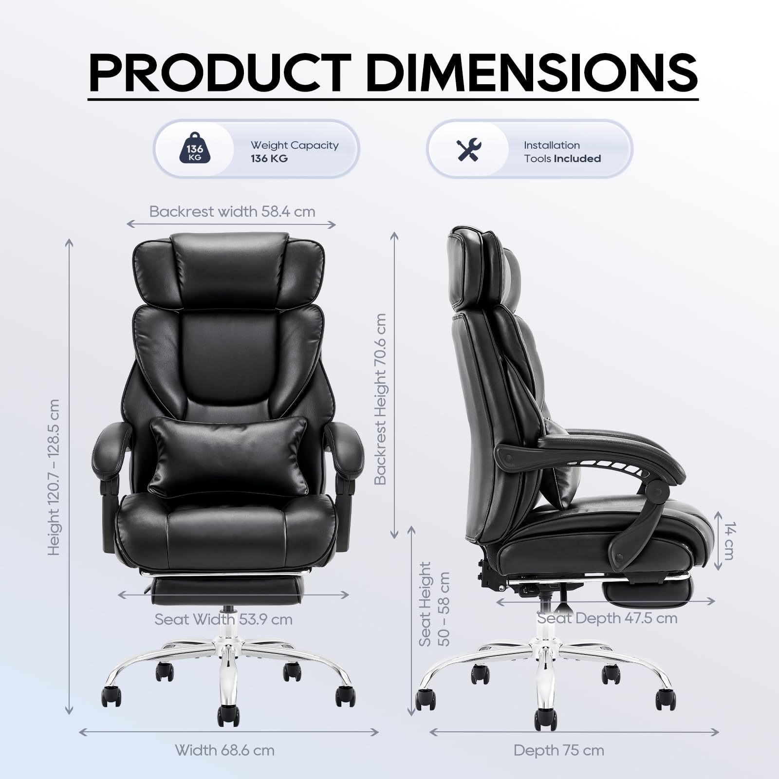 COLAMY Executive Office Chair with Footrest - Ergonomic High Back Design, Thick Bonded Leather Computer Chair with Removable Lumbar Pillow, Recliner Desk chair for Home Office Work Comfort (Black)