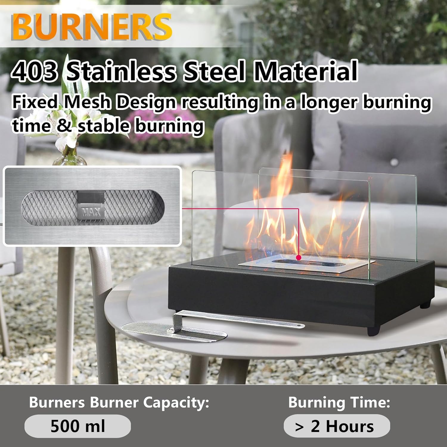 ATR ART TO REAL Tabletop Bioethanol Fireplace,0.5L Tank Large Capacity Bio ethanol Fuel Burner Heater Indoor Outdoor,Portable Table Top Fire Pit,Black