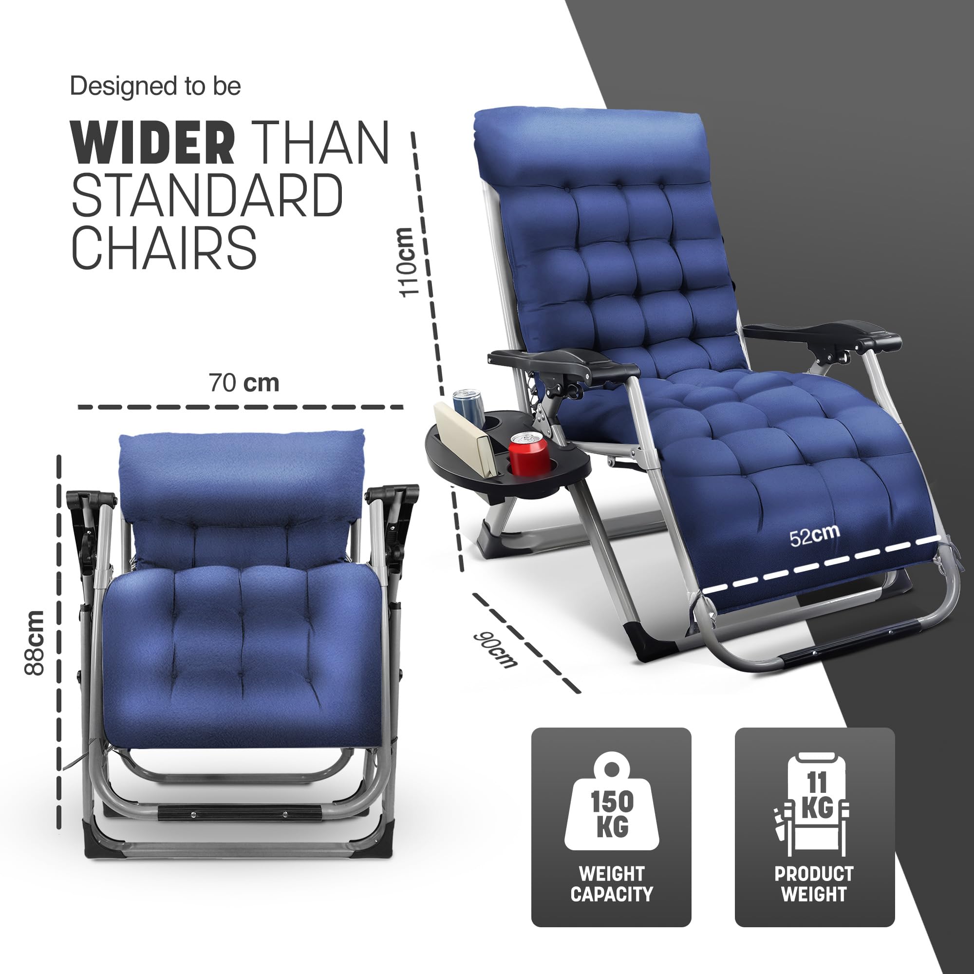 KEPLIN Square Tube Gravity Chair with Cushion – Extra-Wide 72cm Recliner, Adjustable Zero Gravity Lounger, Reinforced Frame, Supports 150kg, Premium Comfort for Indoor & Outdoor Relaxation – Black