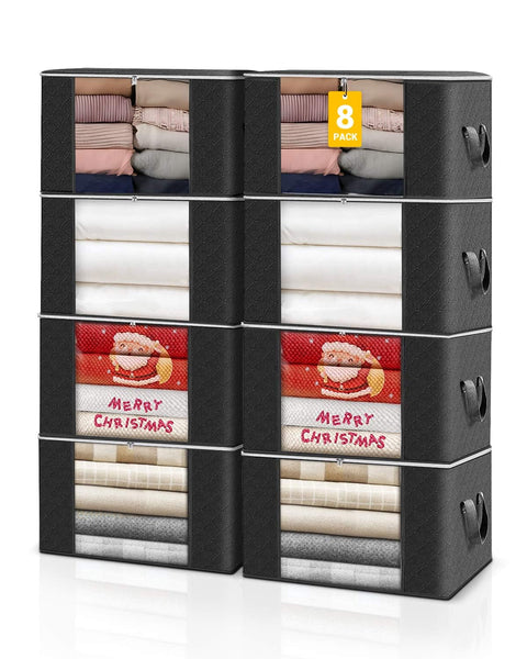 KALAHOL 90L Large Capacity Clothes Storage Bags with Zips, Storage Boxes with Lids, Reinforced Handle, Foldable, Thick Fabric, for Comforters, Clothes, Blankets, Bedding, 4 Pack, Dark Grey