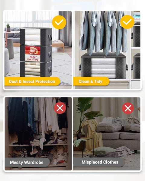 KALAHOL 90L Large Capacity Clothes Storage Bags with Zips, Storage Boxes with Lids, Reinforced Handle, Foldable, Thick Fabric, for Comforters, Clothes, Blankets, Bedding, 4 Pack, Dark Grey