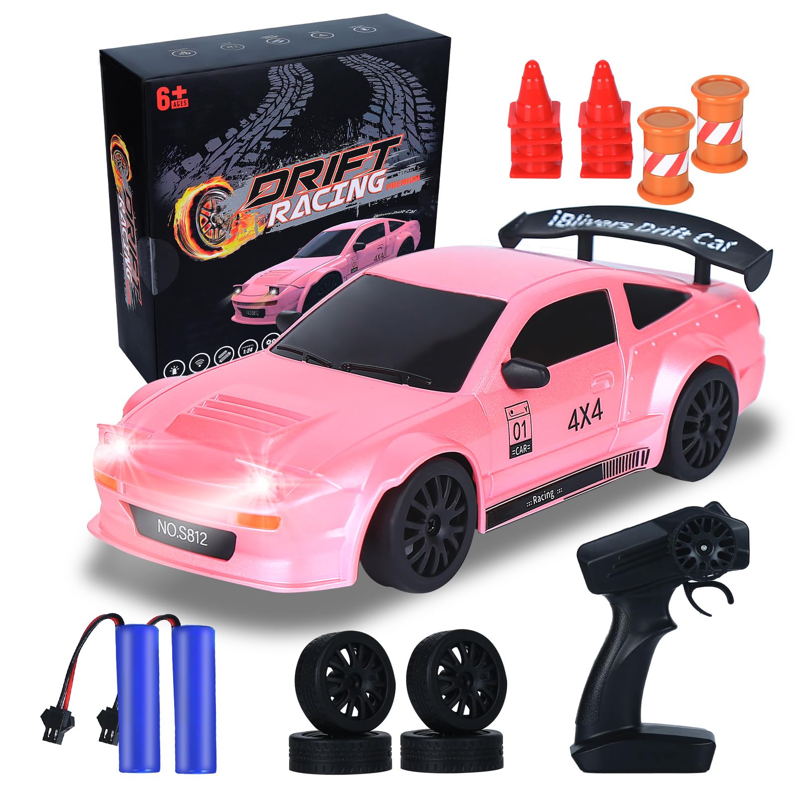 iBlivers Mini RC Drift Car with Full Proportional Throttle, 1:24 Remote Control Car 4WD Drift GT-RX7 RC Cars Vehicle High-Speed Racing RC Drifting Car Gifts Toy for Boys Kids (Pink)