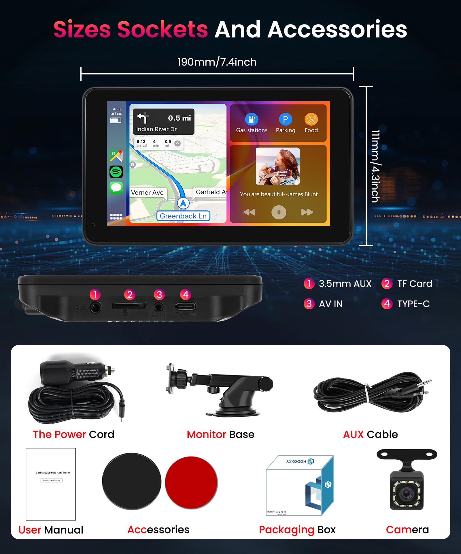 Wireless Carplay Android Auto Screen Portable Car Stereo, Hodozzy 7 Inch HD IPS Touch Screen Car Radio with OTA SuperLink/Mirror Link/Bluetooth/Voice Control/AUX/FM Transmitter+HD Backup Camera