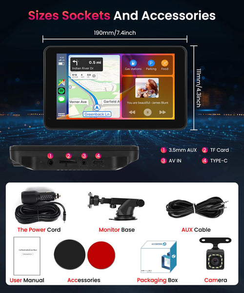 Wireless Carplay Android Auto Screen Portable Car Stereo, Hodozzy 7 Inch HD IPS Touch Screen Car Radio with OTA SuperLink/Mirror Link/Bluetooth/Voice Control/AUX/FM Transmitter+HD Backup Camera