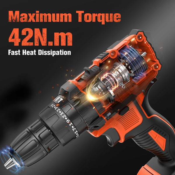 DYJPOW Brushless Cordless Hammer Drill Driver 21V, 2 Batteries 2000mAh, 20+3 Torque, 45N.m Max, 14PCS Drill Bits, 2 Speed, LED Light for Home, Garden DIY